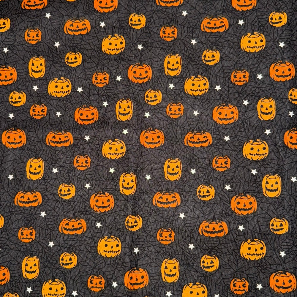 Pumpkins & Spider Webs Cotton Fabric - 1/2 Yard - Halloween Jack O'Lantern Stars