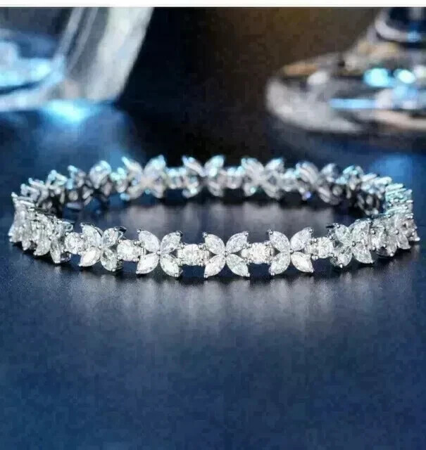 9Ct Marquise Lab Diamond Flower Tennis Bracelet 14k White Gold Plated 7 Inch