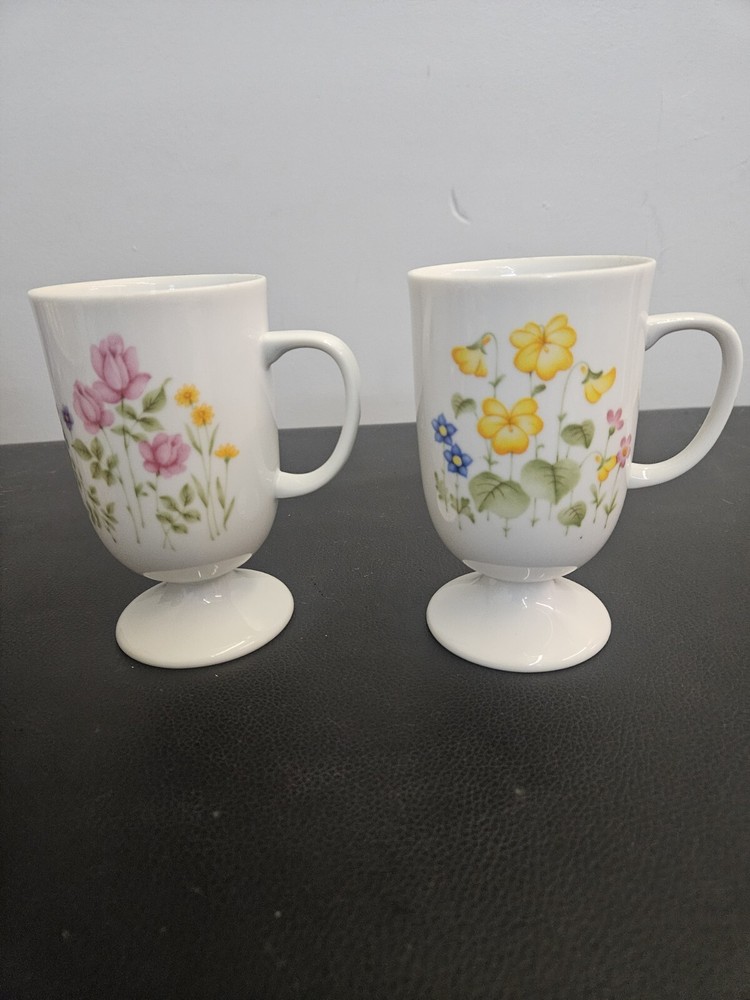 1970s Vintage Floral Porcelain Coffee Mug Set of 2 with Pedestal Tea Cups