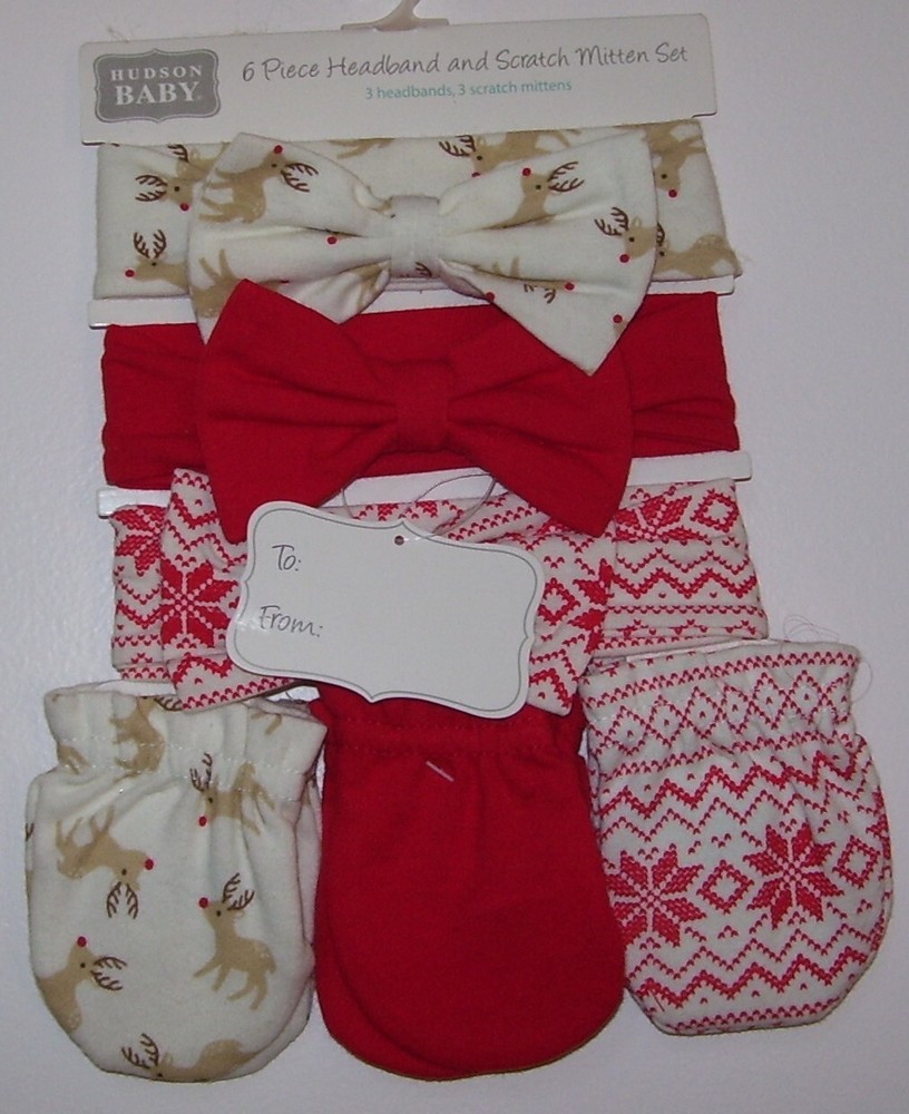 Hudson Baby 6-Piece Red Poinsettia Reindeer Headband & Mitten Set for Newborns 0-6 Months