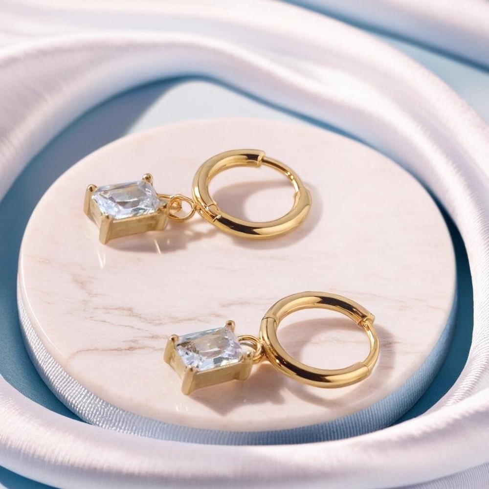 Gold Plated Square Zirconia Drop Hoop Earrings Minimalist Crystal Jewelry