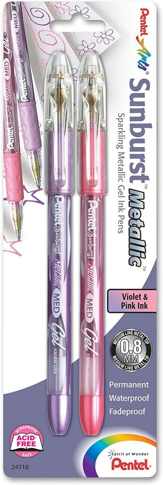 NEW Pentel Arts 2-Pack Sunburst Metallic Gel Pens PINK & VIOLET Ink Medium Line