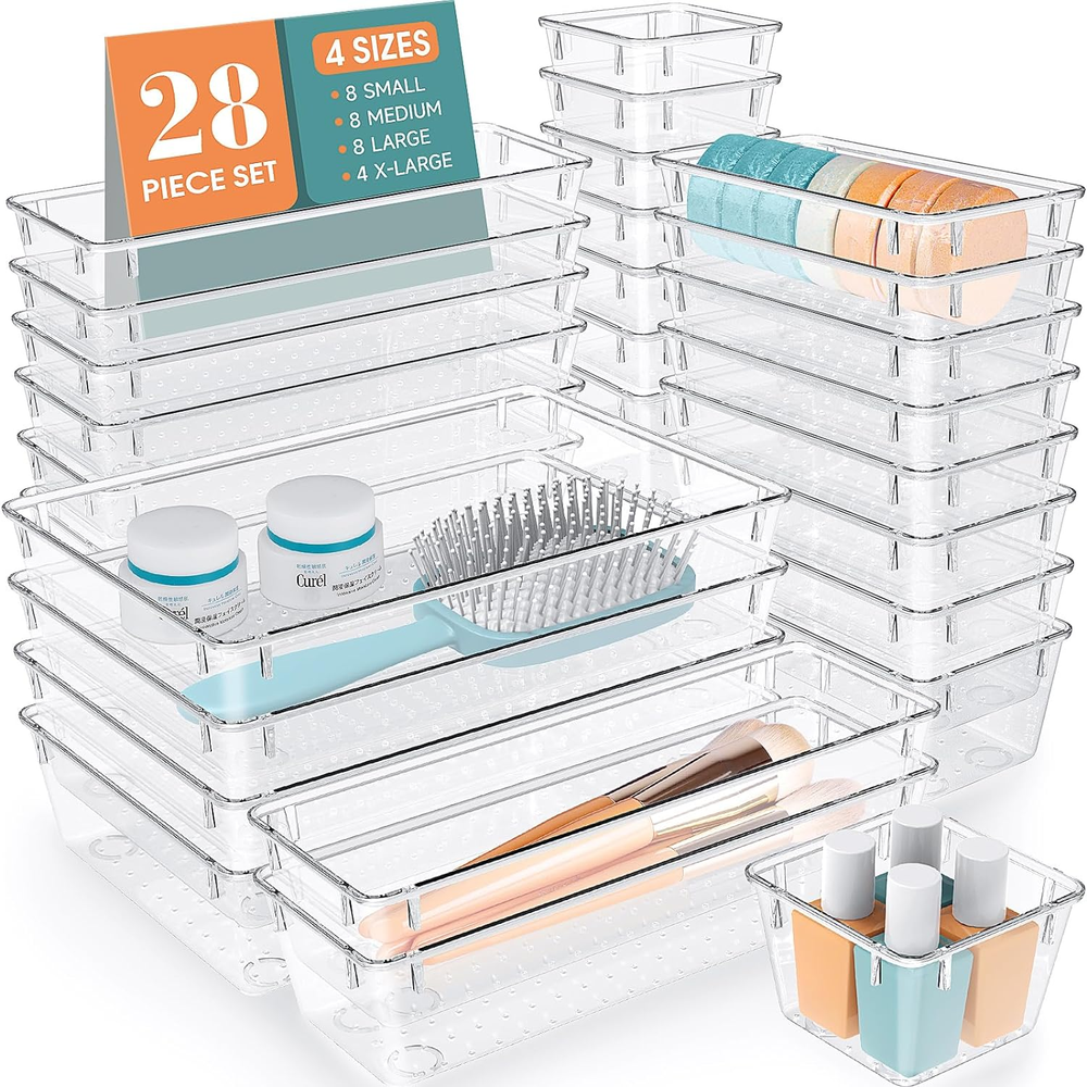 28 PCS Clear Plastic Drawer Organizer Set, 4 Sizes Desk Drawer Divider Organizer
