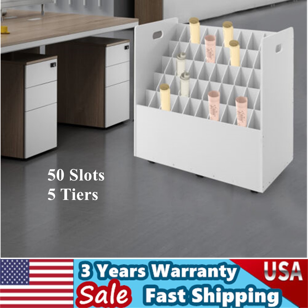 50-slot Blueprint Organizer, Roll File Storage Holder, Movable Roll File Cart