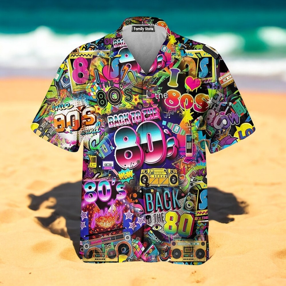 Retro 80s Music Party Hawaiian Shirt with Vibrant Color Lights