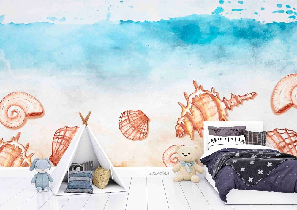 3D Watercolor Sea Shell Conch Blue Wall Murals Wallpaper Murals Wall Sticker