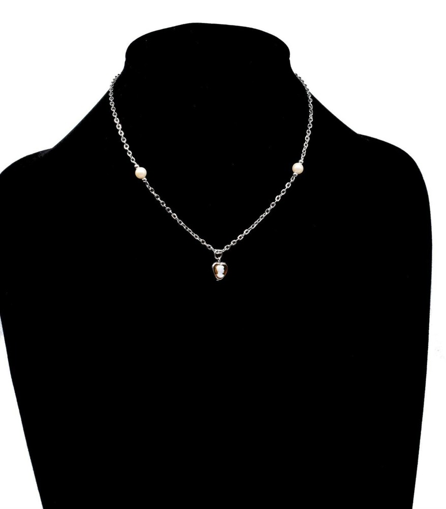 Brown Heart Victorian Woman Cameo Silver Chain Stylish Necklace 15 