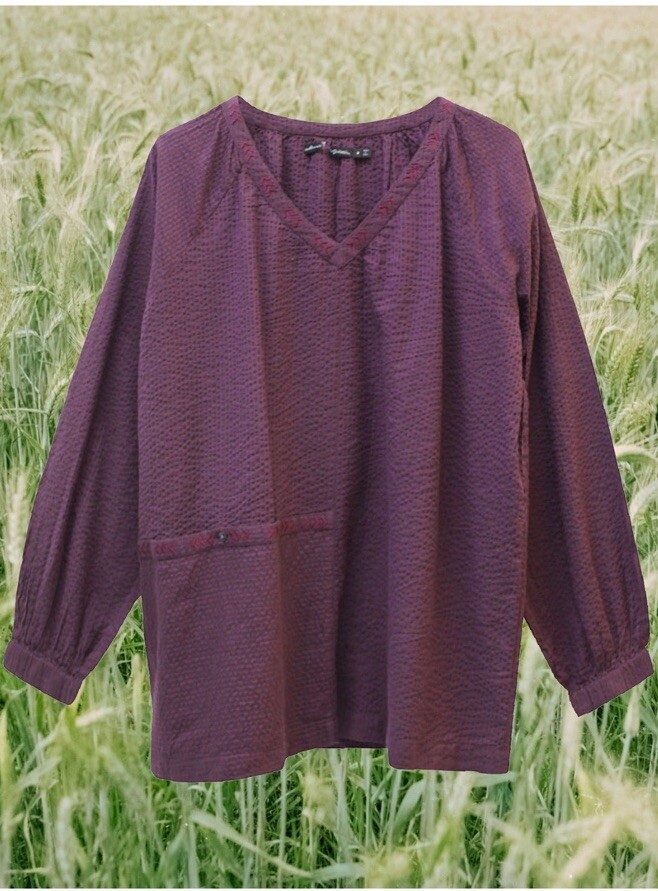 New Gudrun Sjoden Plum Pure Cotton Chevron Embroidered Seersucker Top Sz L 16/18