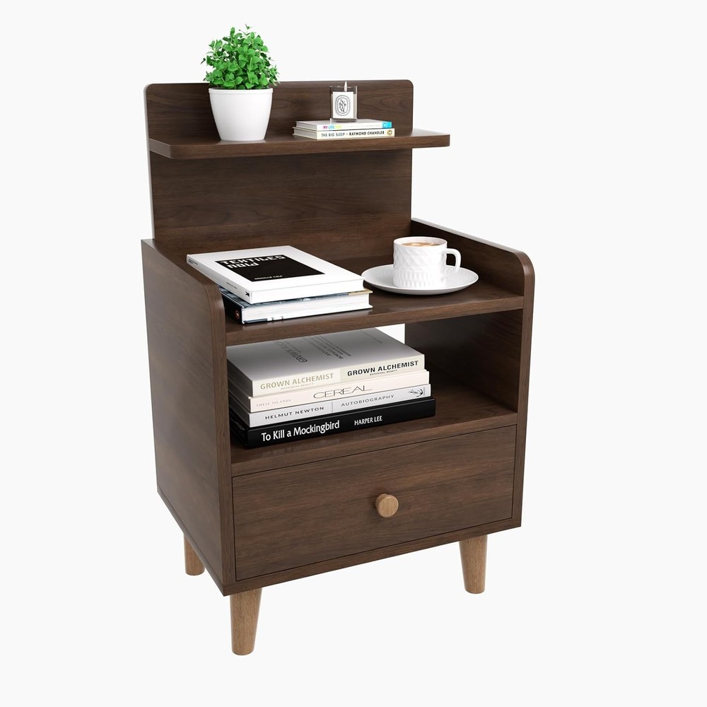 Mid Century Modern Walnut Nightstand with Storage Drawers