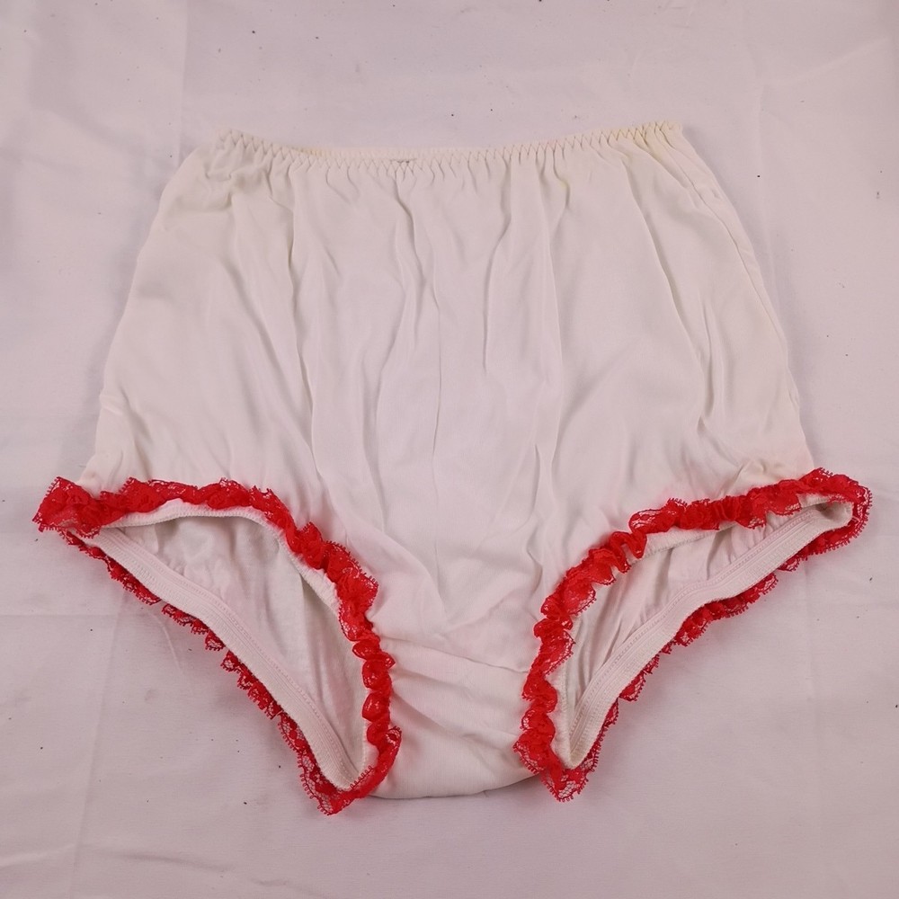 Keddie of California Nylon Fully Cotton Lined White w/ Red Lace Women's Panties
