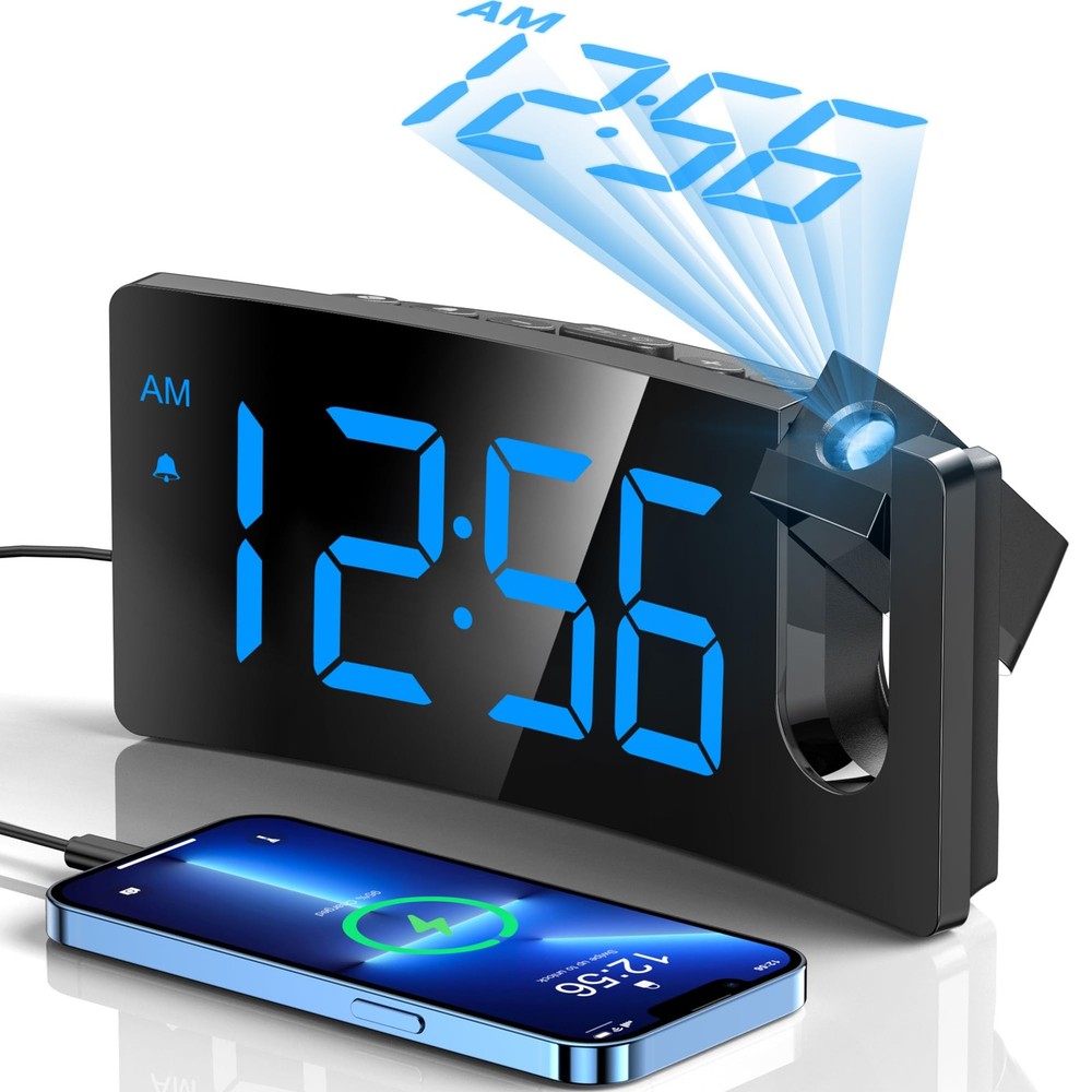 180° Rotatable Projection Alarm Clock with 3-Level Brightness & Digital Display