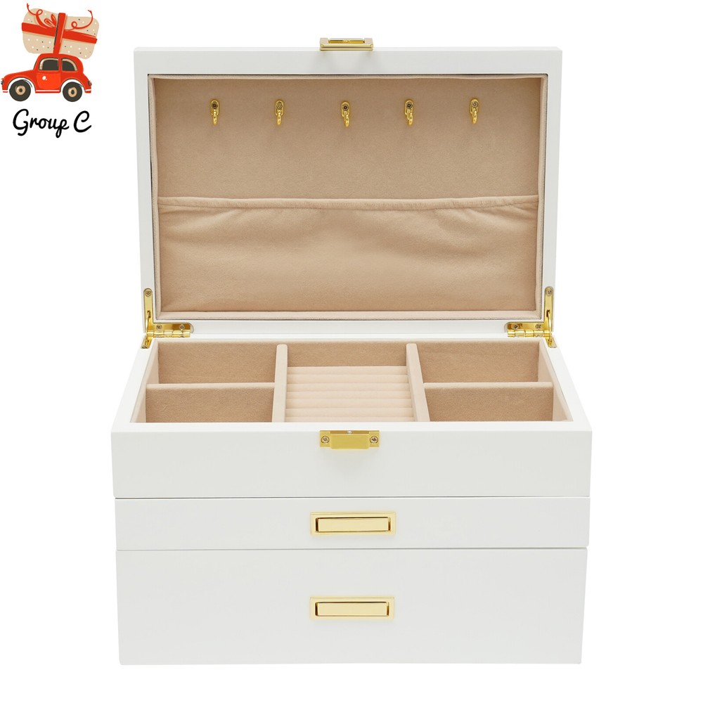 Large White Wooden Jewelry Box with 3 Layers 2 Drawers Organizer