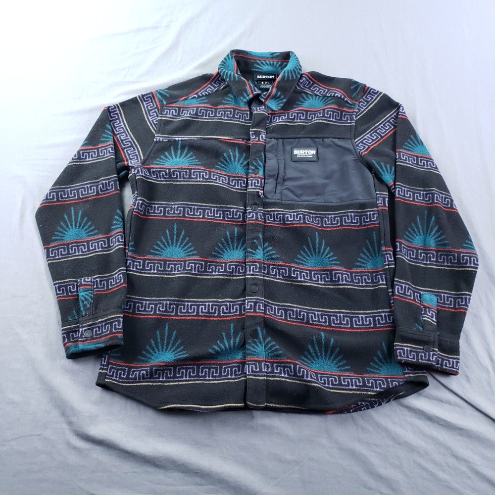 Burton Hearth Fleece Jacket for Men Small Black Teal Aztec Snap Button Warm Outdoor Layer