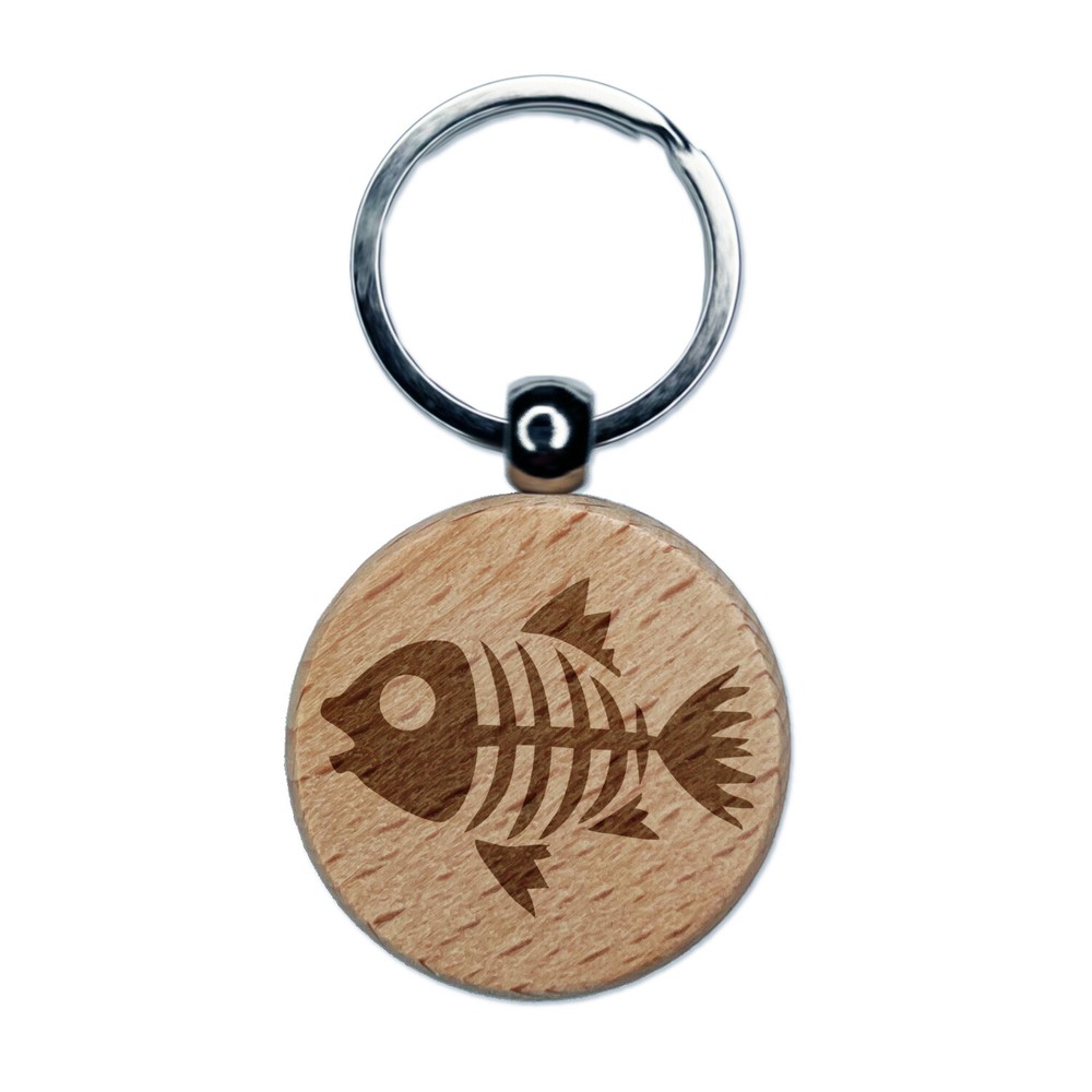 Fish Skeleton Bones Engraved Wood Round Keychain Tag Charm