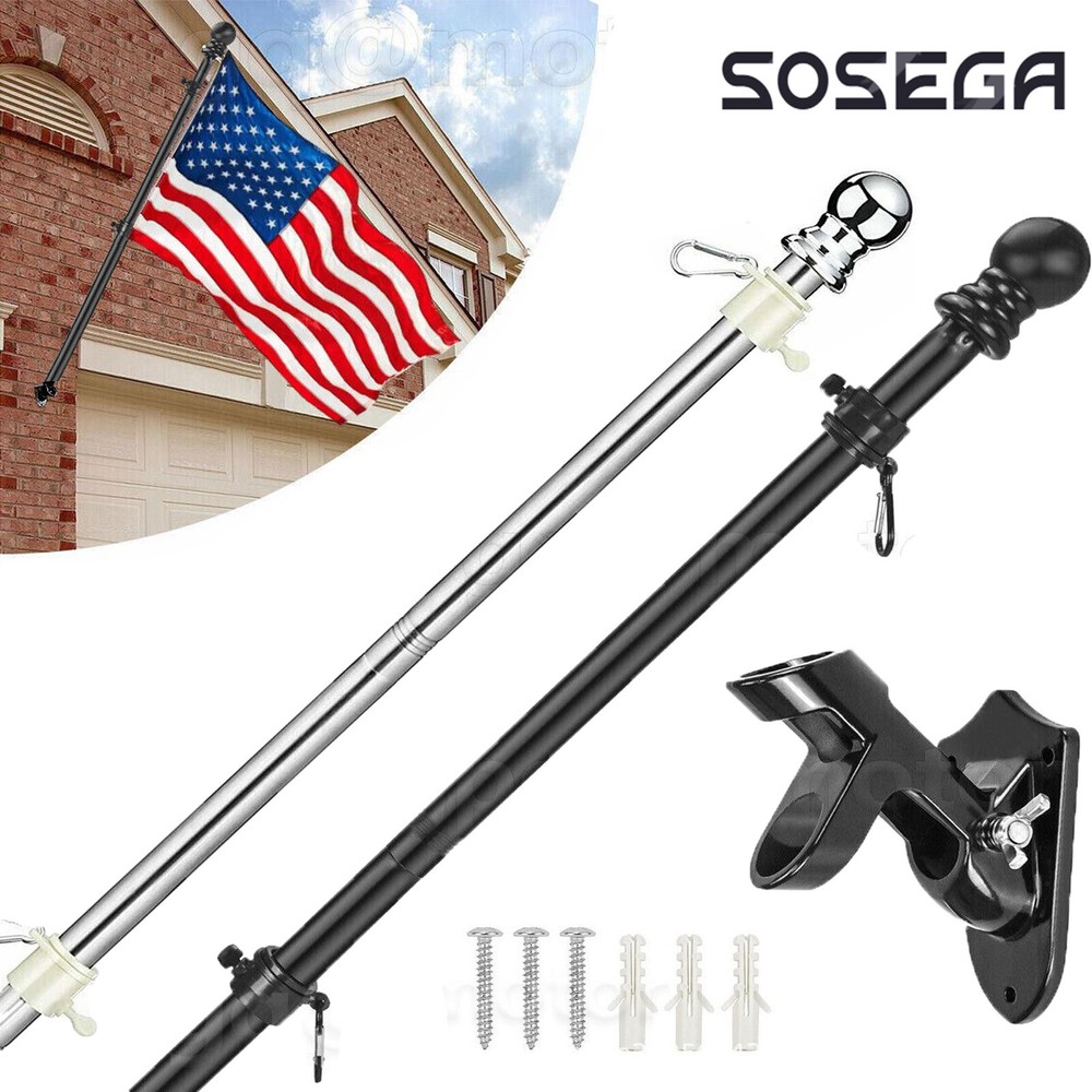 6FT Flag Pole Kit Heavy Duty+Bracket House Porch Black/Silver W/ 2Rotating Rings