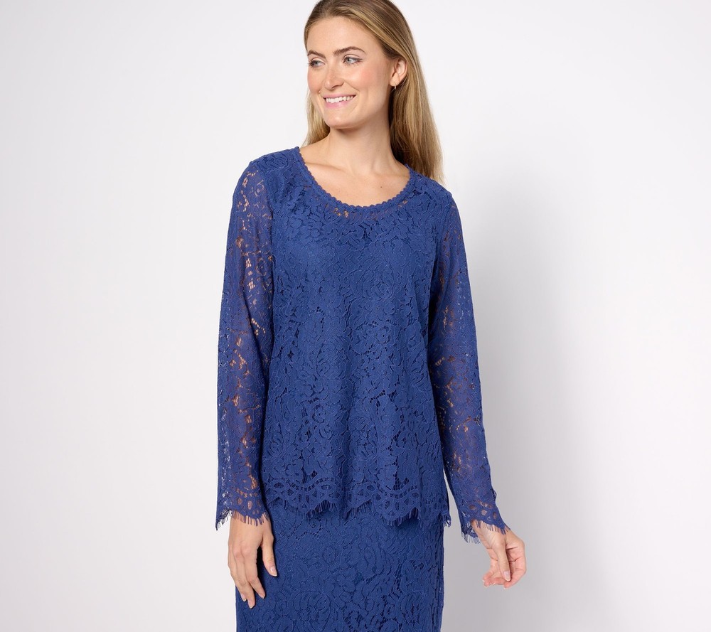 Isaac Mizrahi Live! Women's Top Sz M Knit Lace Long-Sleeve Blue A620547