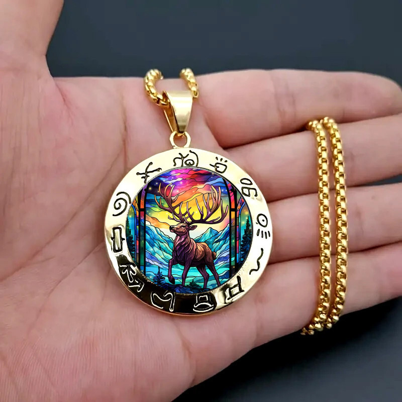 Deer Elk Vintage Golden Round Necklace Nature Inspired Pendant Jewelry