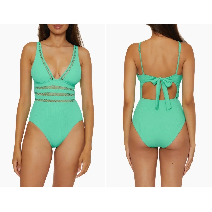 BECCA Modern Edge One Piece Swimsuit Womens L Green Ribbed Cutout Swim $148 NWT