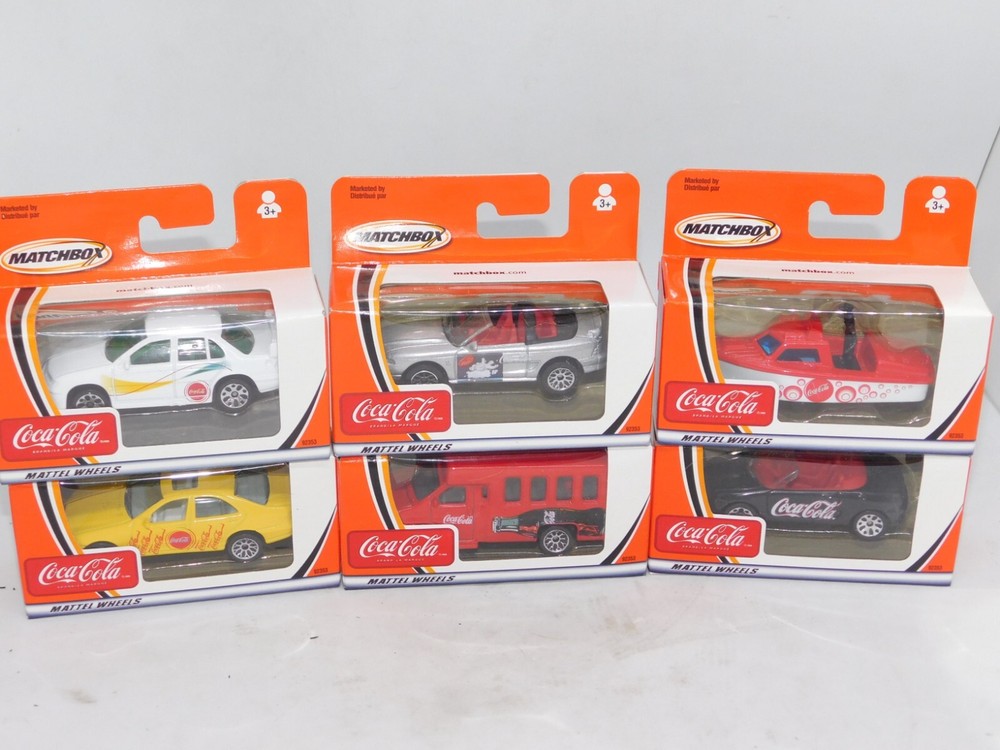 MATCHBOX COCA COLA SET OF 6 TRANSPORTER MUSTANG COBRA POLICE LAUNCH FALCON
