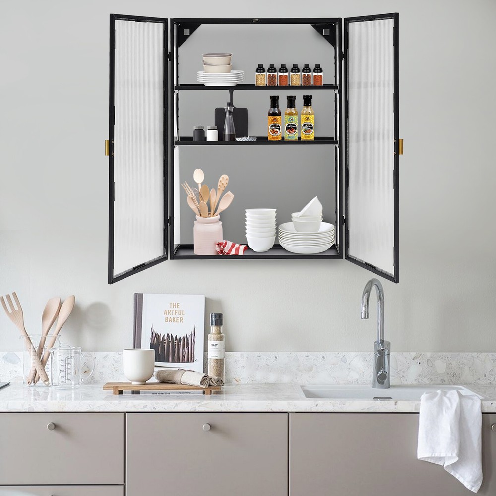 Retro Black Wall-Mounted Metal Storage Cabinet with Detachable Shelves