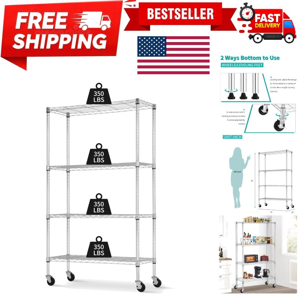 Storage Shelves with Wheels, Heavy Duty 4 Tier Garage Storage Rack, Adjustabl...