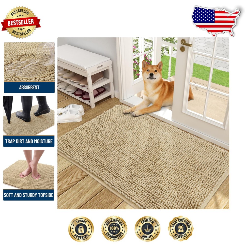 Non-Slip 48x30 Chenille Dog Mat - Absorbs Moisture & Dirt, Machine Washable