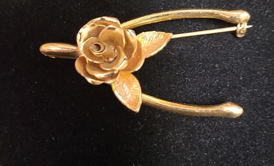 Vintage Coro Goldtone Lucky Wishbone Rose Brooch Signed