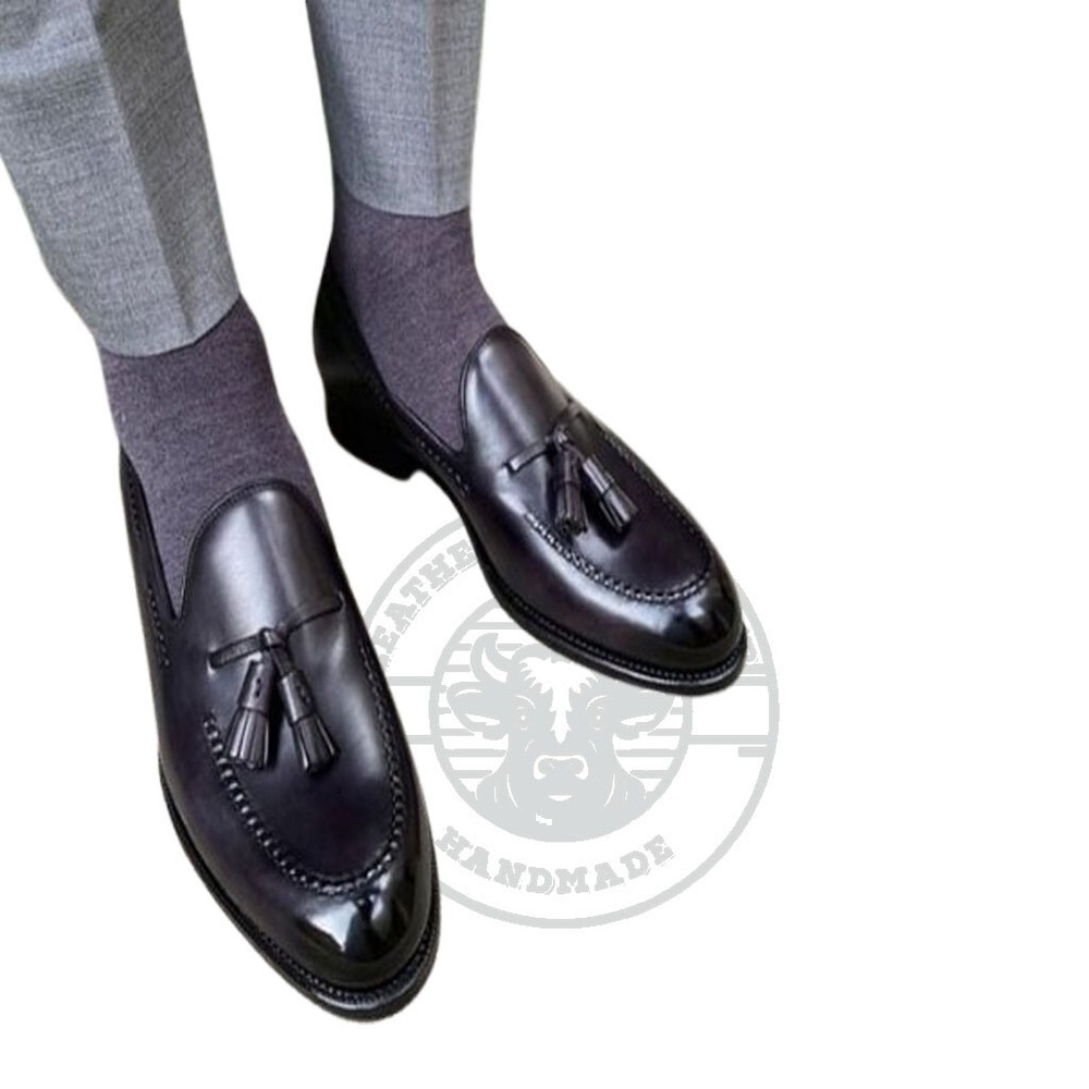 Best Handmade Black Leather Tassel Loafers Dress Shoes Custom Made Shoes For Men
