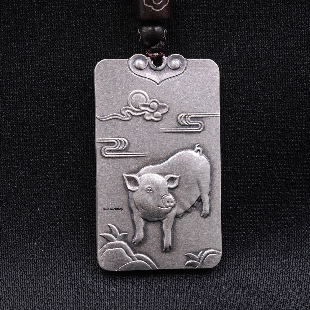 Pure 999 Fine Silver Pig Amitabha Satin Finish Rectangle Pendant 1.73''H