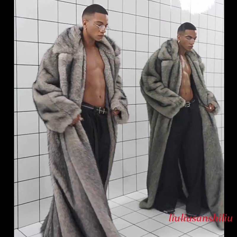 Mens Faux Fur Lapel Collar Long Trendy Coat Winter Windproof Warm Jacket Outwear