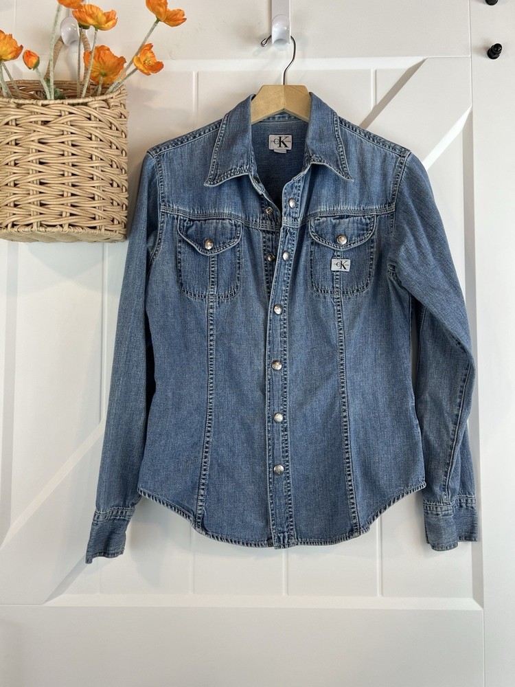 Vintage Calvin Klein Jeans Women's Small Blue Denim Button-Up Shirt