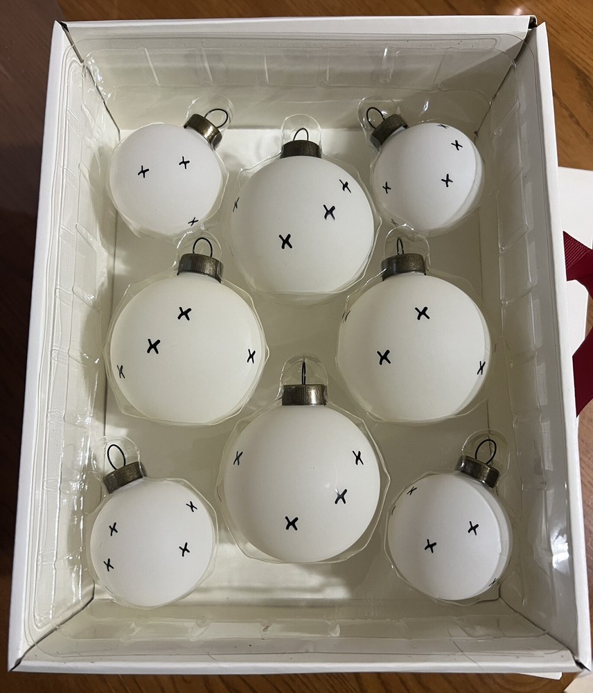 Hearth & Hand Magnolia White Glass Black X Stitch 8 Ornaments Open Box