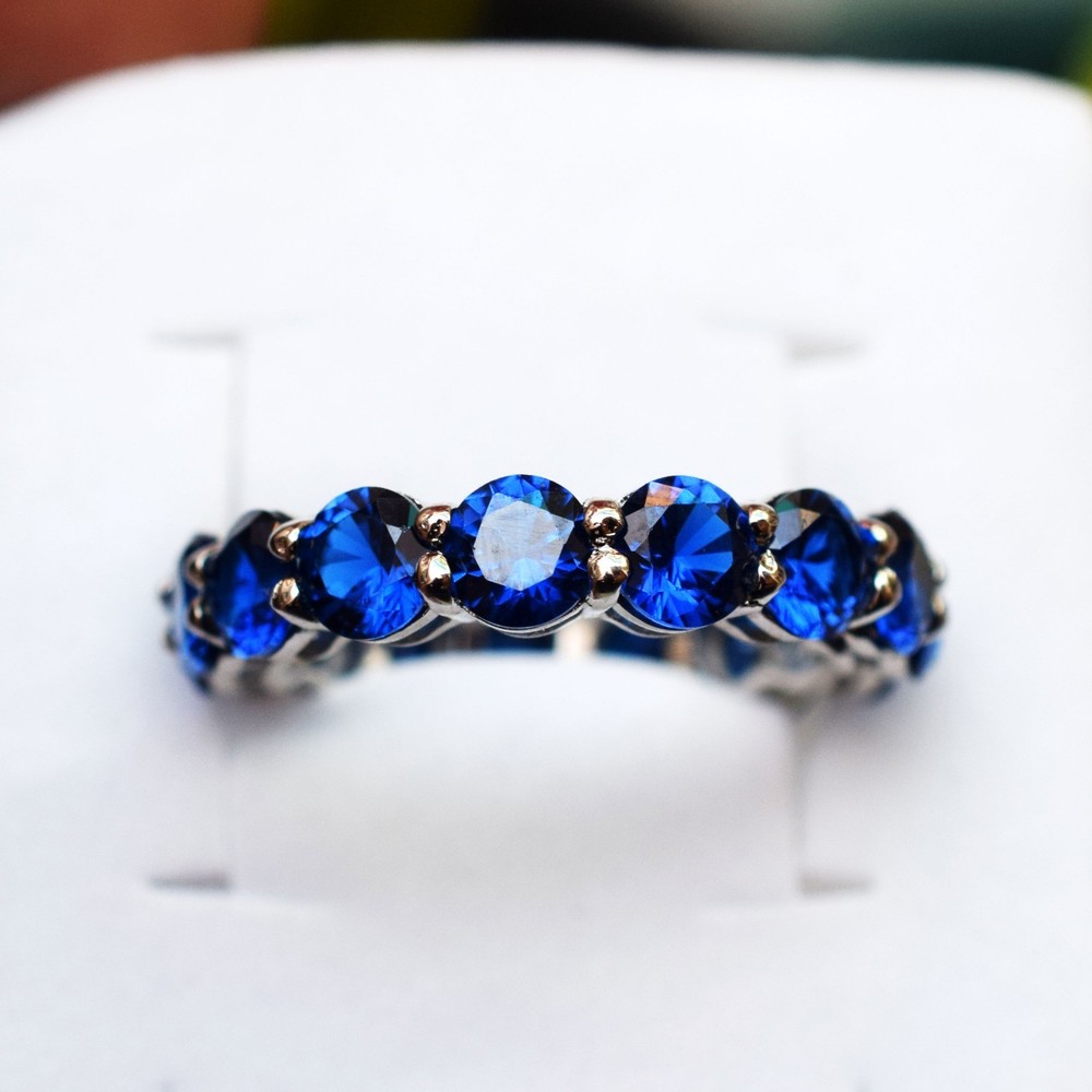 5x5 MM Natural Sapphire Ring Full Eternity Band 925 Sterling Silver Us Size 9.5