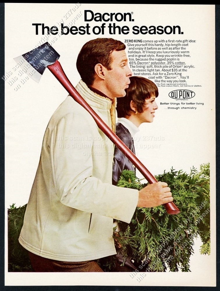 1968 axe Christmas tree couple photo Du Pont Zero King jackets vintage print ad