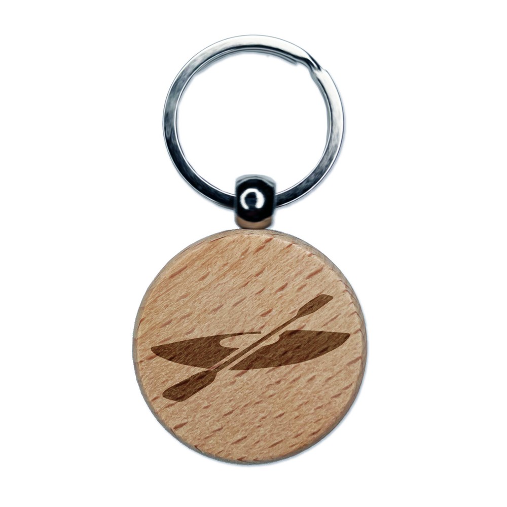 Kayak with Paddle Engraved Wood Round Keychain Tag Charm