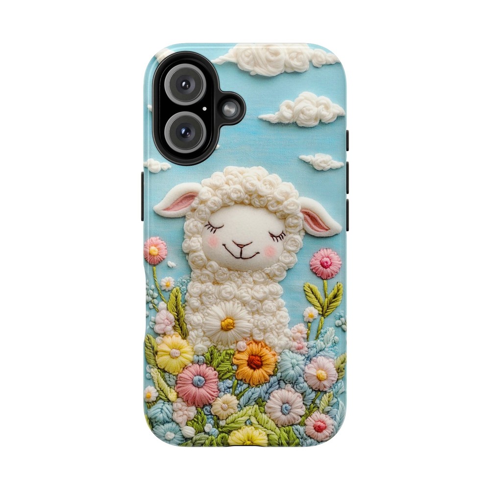 Smiling Sheep Wildflowers Spring Embroidery Print iPhone Tough Case  