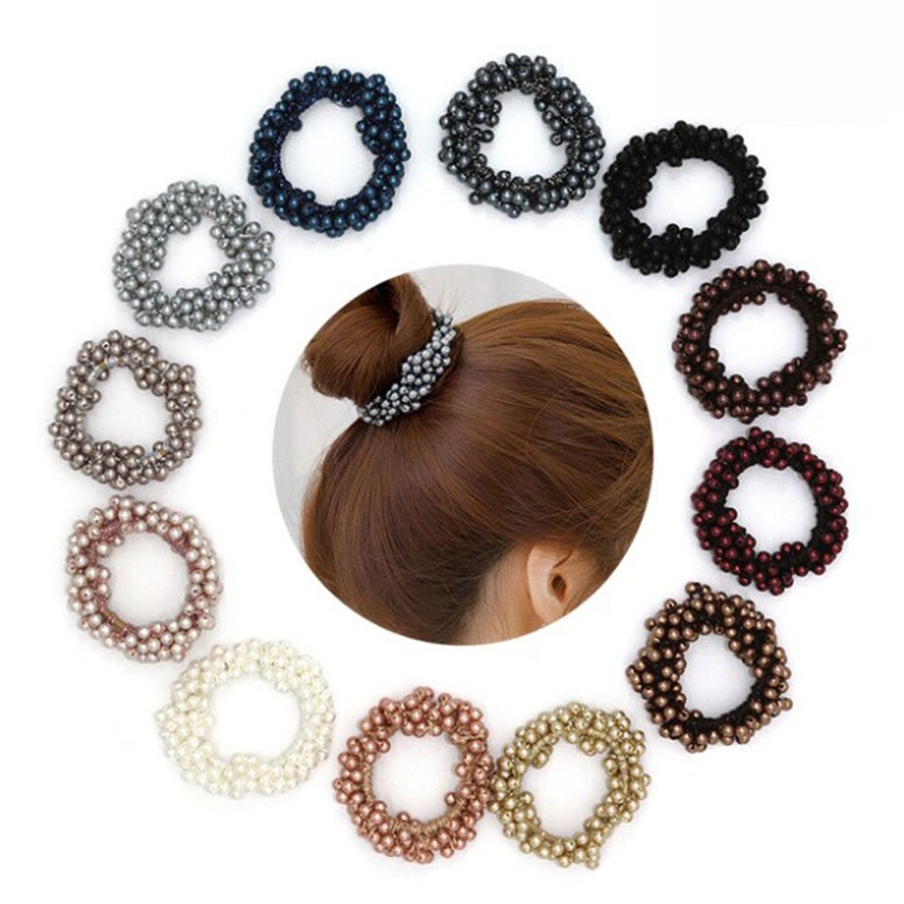 Elegant Faux Pearl Beaded Scrunchie Hair Band for Women Ponytail Holder