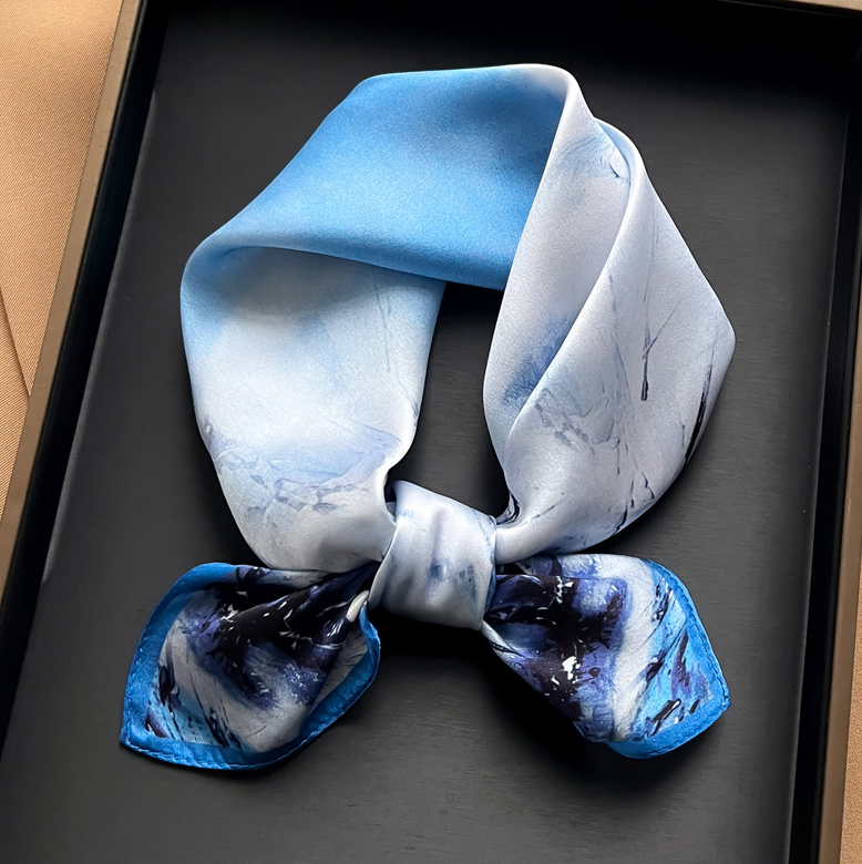 100% Mulberry Silk Scarf 53x53cm Women Square Bandana Wrap Blue Oil Painting Design