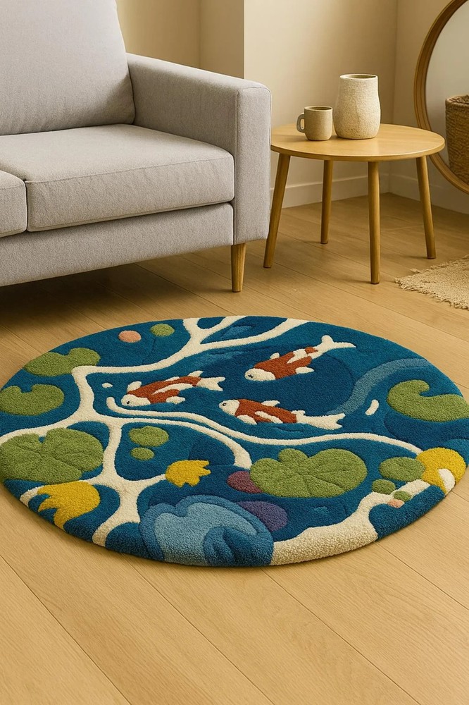 Hand tufted Wool Rug: Round Koi Pond Carpet, Modern Art Decor ,hand made cozy
