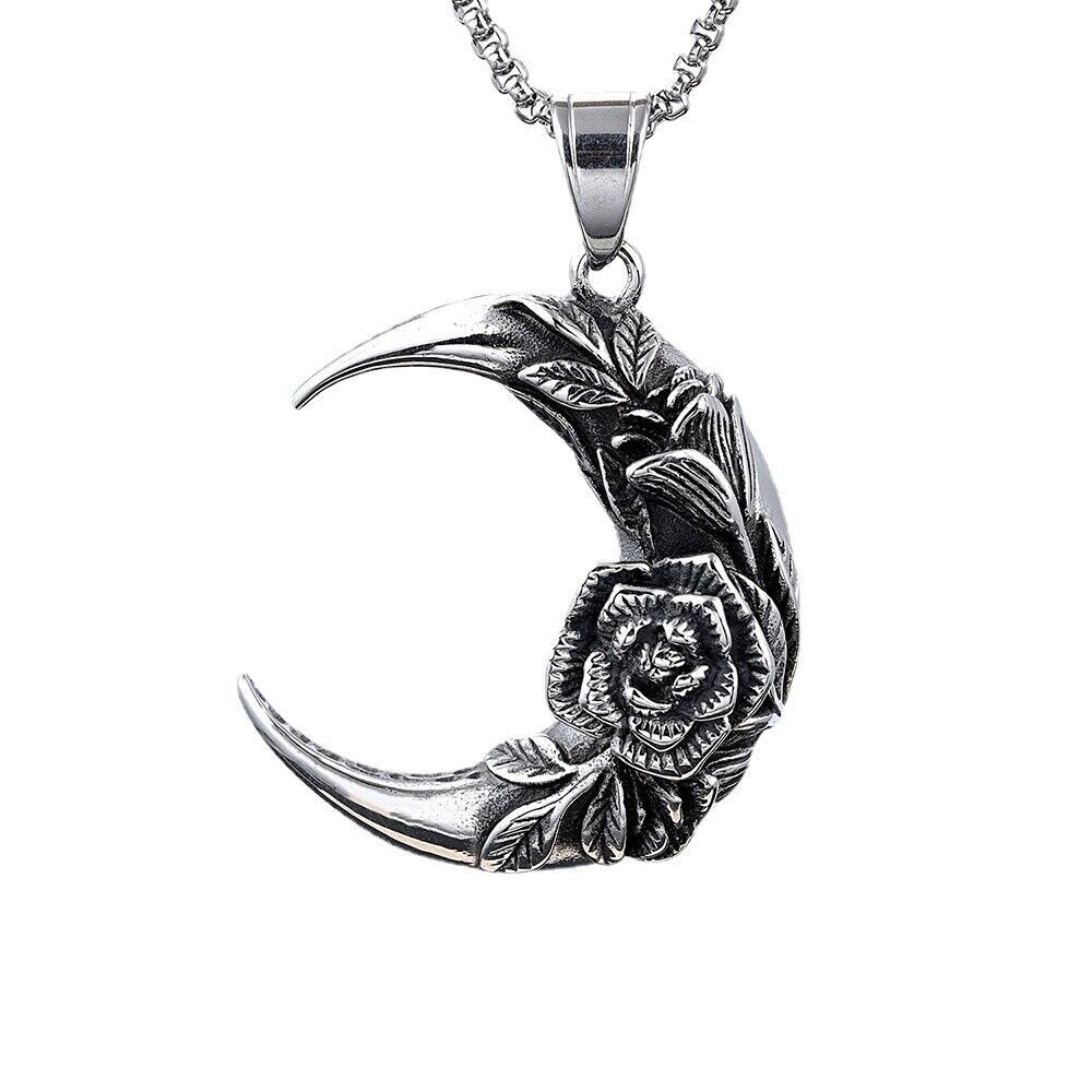 Stainless Steel Punk Dark Crescent Rose Moon Pendant Necklace 24