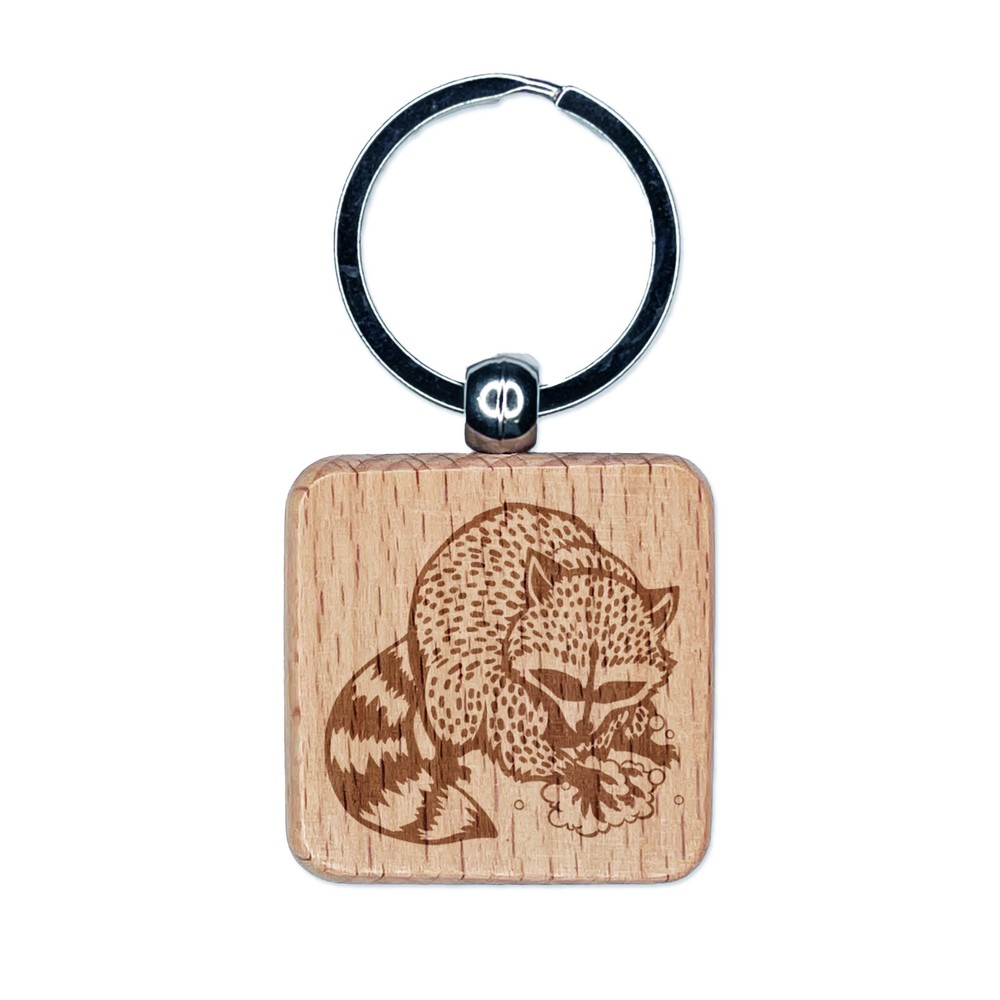 Raccoon Washing Hands Engraved Wood Square Keychain Tag Charm