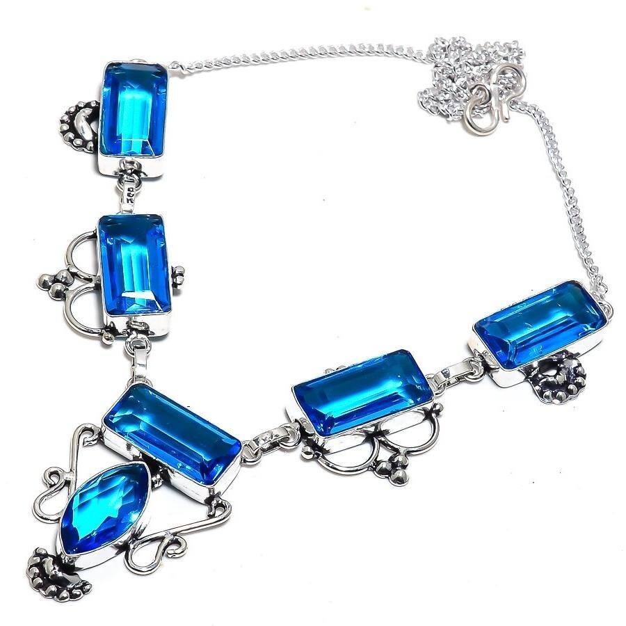 Christmas Sale Blue Topaz Gemstone Wife Chain Handmade Hook Necklace 925 Silver-image