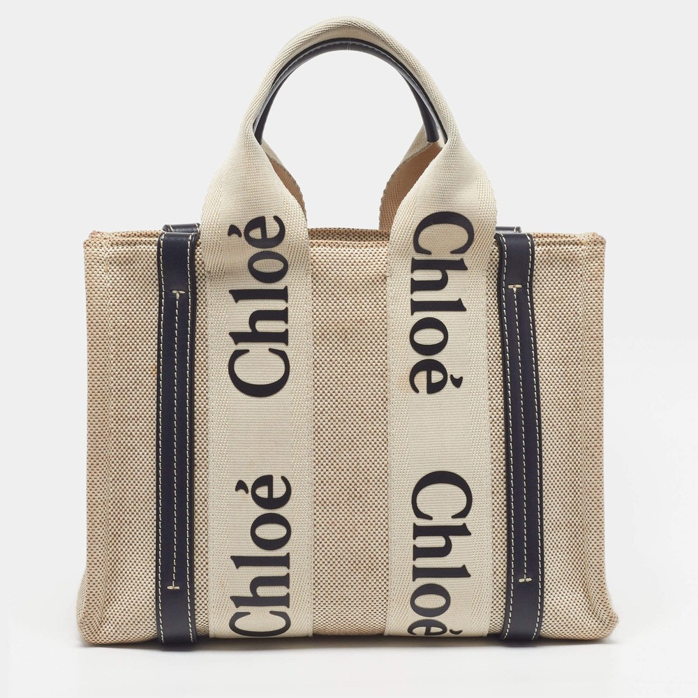 Chloe Woody Small BeigeBlack Canvas and Leather Tote