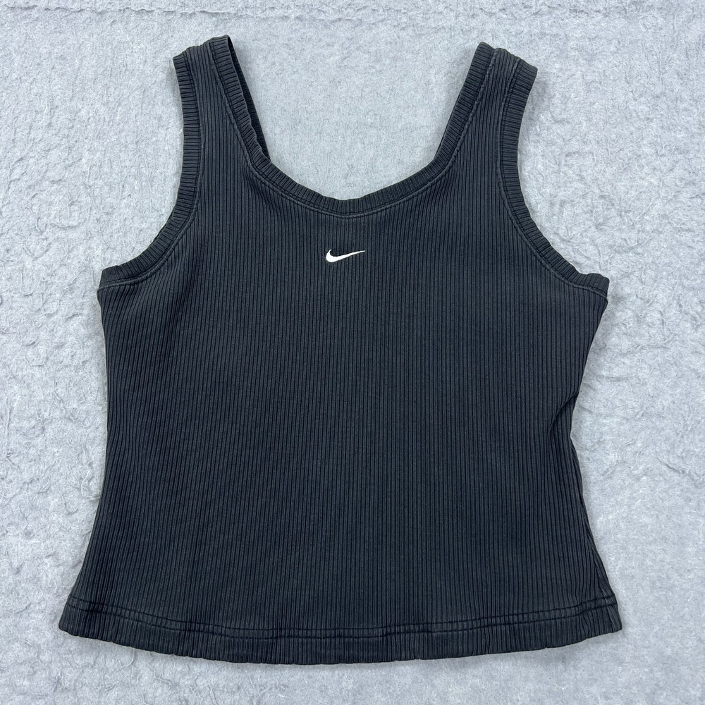 VTG Nike Tank Top Womens Large Black Mini Center Swoosh Ribbed Crop Gorpcore Y2K