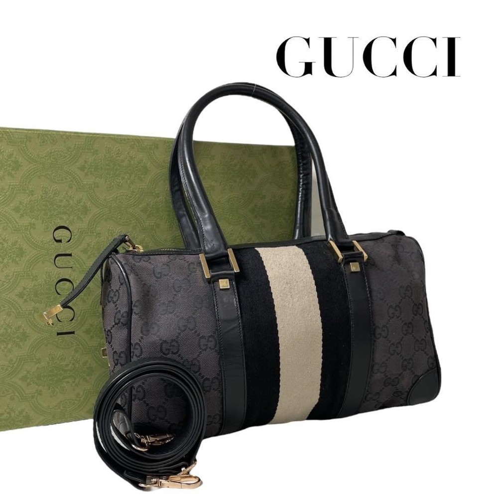 Gucci Mini Boston Shelly Line GG Canvas Tote Bag Black Excellent Condition