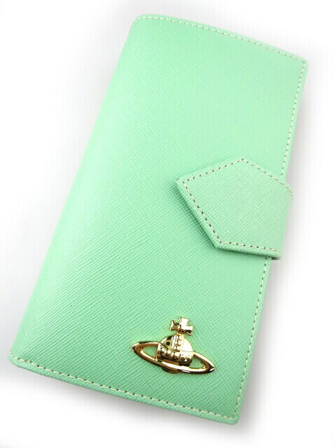 Vivienne Westwood Mini Long Wallet Saffiano Light Green Leather New