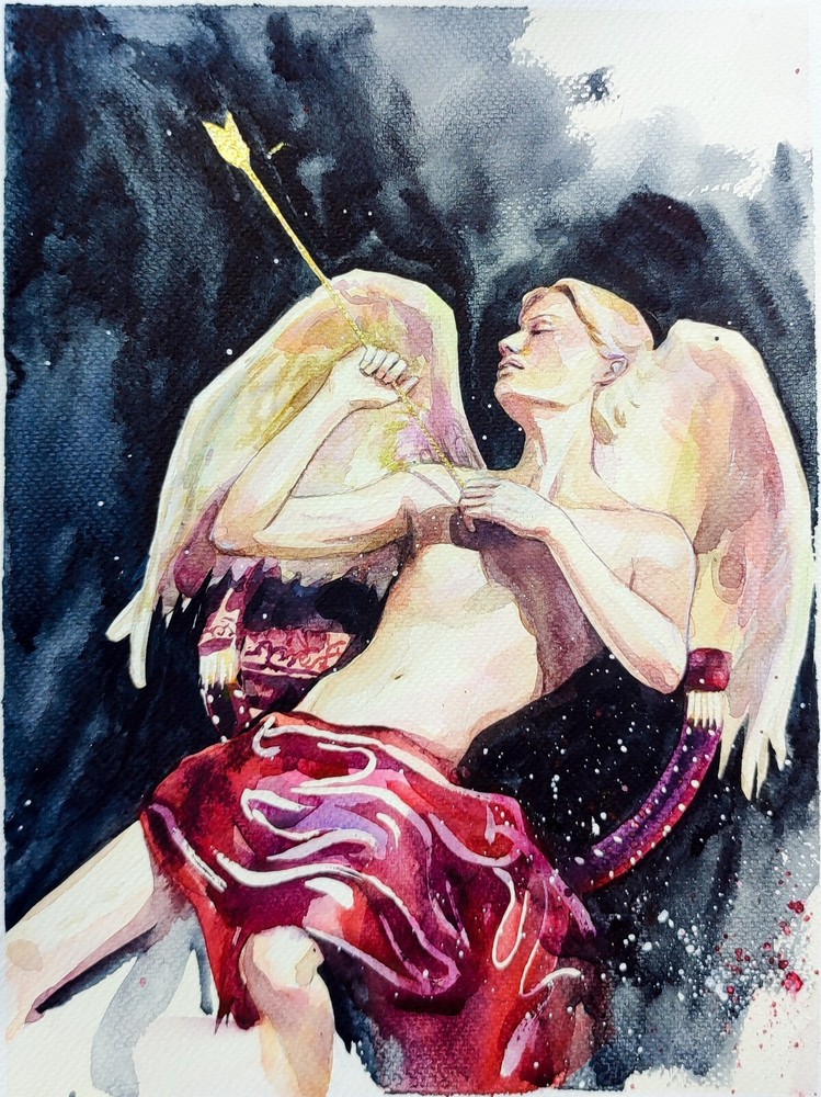 Arte de pared original acuarela pintura ángel hombre ángel