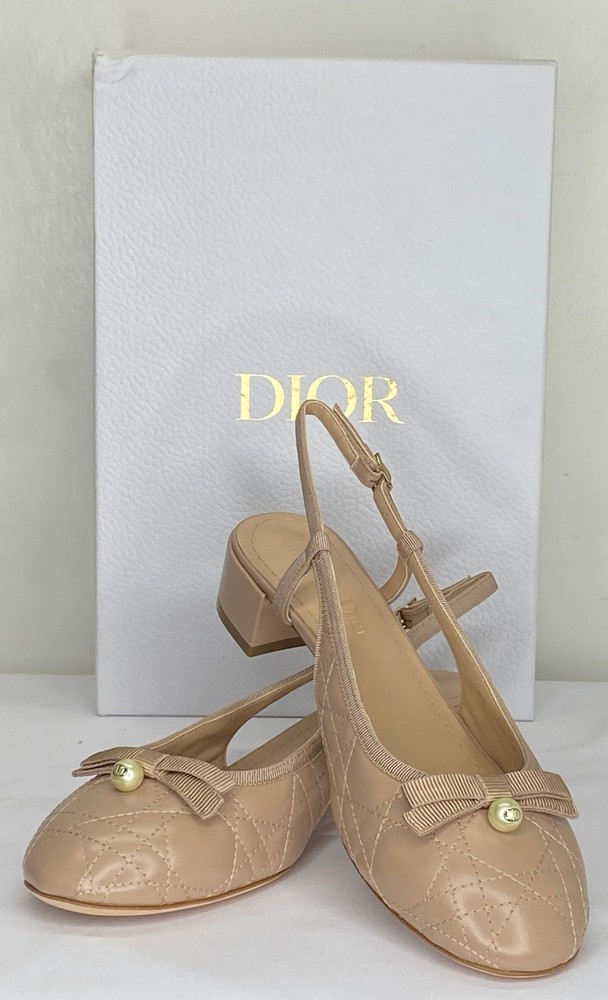 Dior Womens Ballet Slingback Pumps Size 8 with Cushioned Round Toe and Adjustable Bow