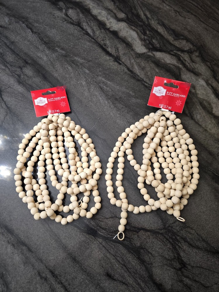 2-Pack 9ft Natural Brown Wooden Bead Christmas Garland for Holiday Decor