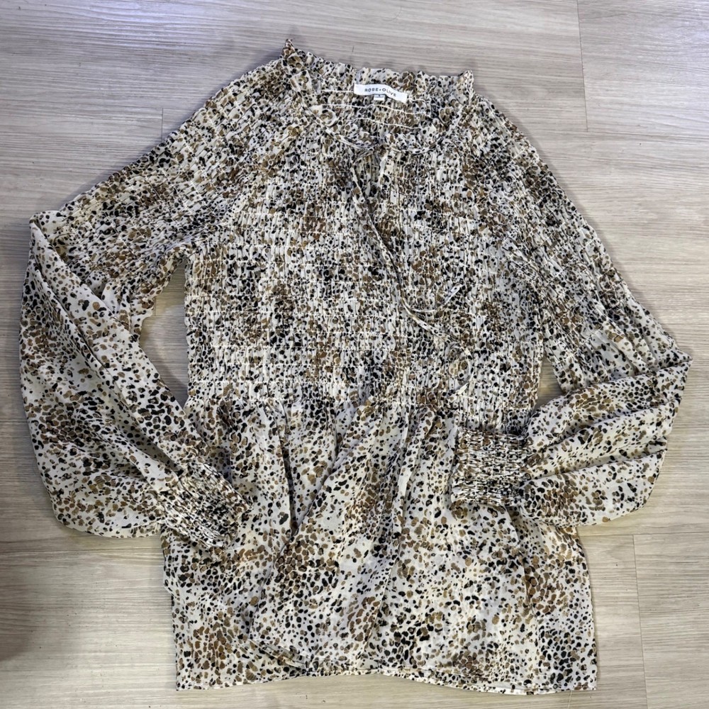 Rose + Olive Animal Print Smocked Peplum Blouse Brown Tan Small